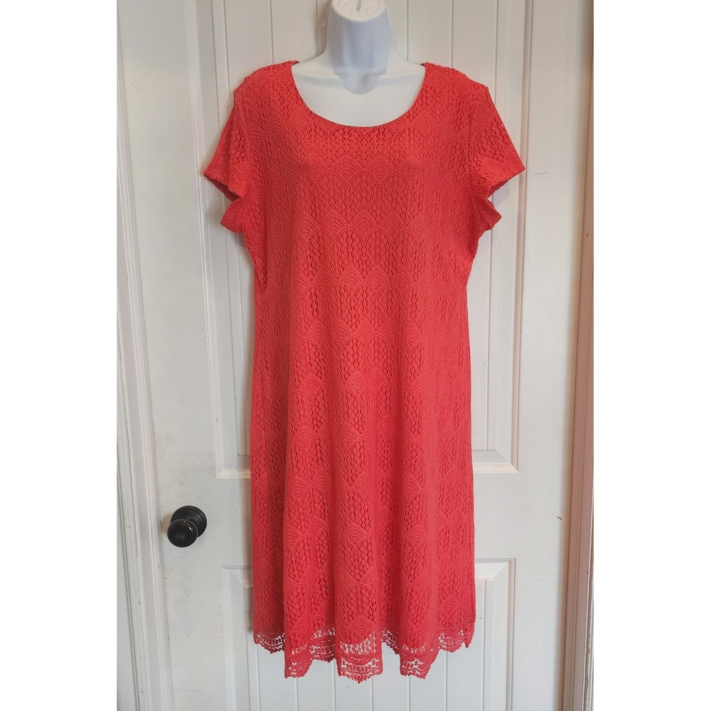 Downeast Coral Orange Crochet Lace Short Sleeve Shift Dress DB17080032